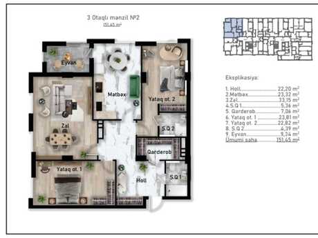 3 rooms · 151 m² · floor 8/9, Nizami City