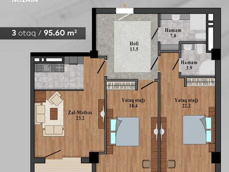 3-room new-build apartment for sale in London Evləri residence, 96 m², 307 000 AZN, photo 5 / 5