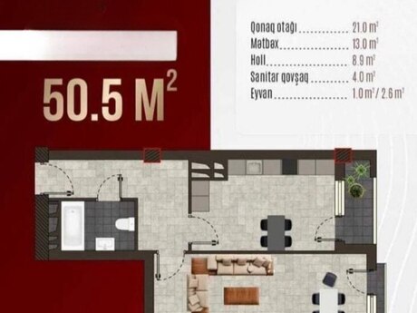 2-room apartment, 50,5 m², 8 Noyabr: 151 000 ₼ 2