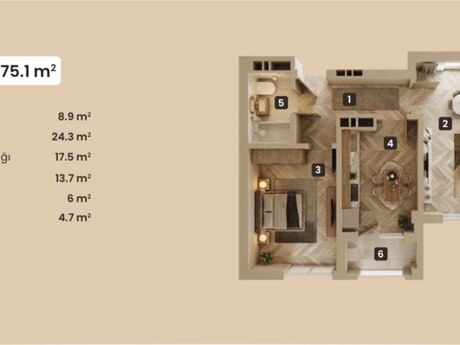 2-room apartment, 75,1 m², 8-ci mikrorayon: 225 000 ₼ 3