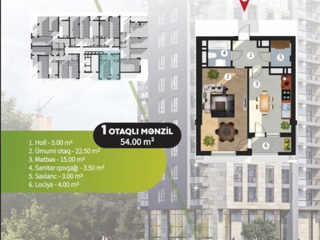 1 otaqlı mənzil, 53 m², M.Ə.Rəsulzadə: 118 000 ₼ 4