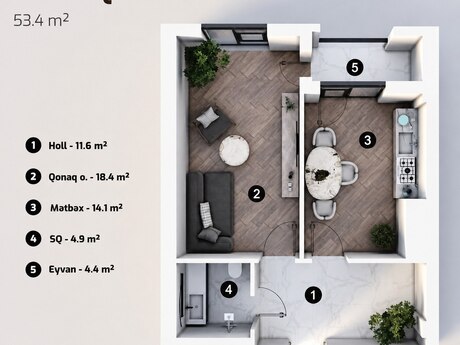 2-room apartment, 53,4 m², Marbel Residence: 139 000 ₼ 3