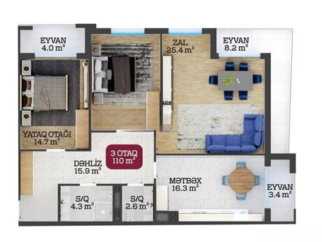 3 otaqlı mənzil, 110 m², Azadlıq Prospekti: 336 000 ₼ 2