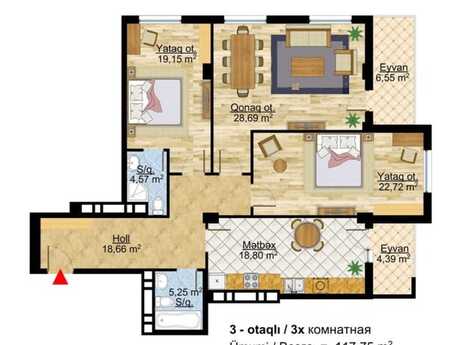 3 otaqlı mənzil, 129 m², Nəsimi: 387 000 ₼ 2