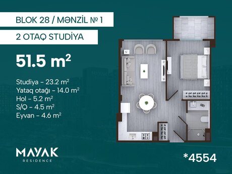 2 otaqlı mənzil, 51,5 m², Mayak Residence: 118 450 ₼ 2