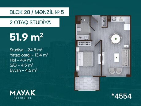 2-комнатная квартира, 51,9 м², Mayak Residence: 119 370 ₼ 2