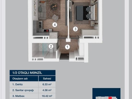 1 otaqlı mənzil, 59 m², Lake City: 179 000 ₼ 2