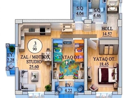 3 otaqlı mənzil, 90 m², 28 May: 289 000 ₼ 2