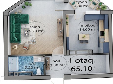 1 otaqlı mənzil, 65,1 m², İnşaatçılar: 169 260 ₼ 2