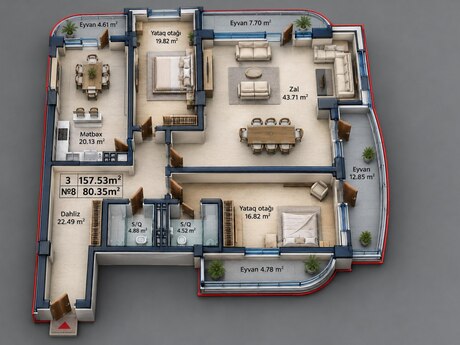 3-комнатная квартира, 157 м², Yeni Yasamal: 378 072 ₼ 2