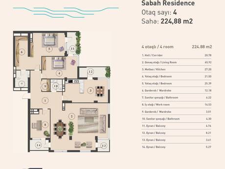 5 otaqlı mənzil, 224 m², Sabah Residence: 1 150 000 ₼ 3