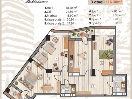 3-комнатная квартира, 116 м², Bakıxanov: 244 000 ₼ 2