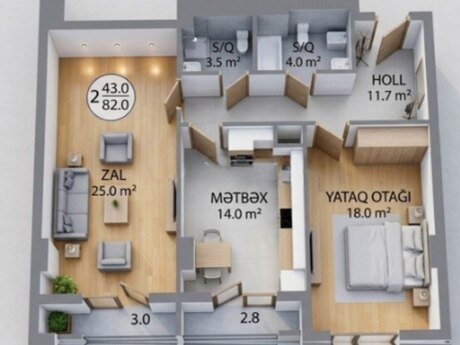 2 otaqlı mənzil, 82 m², Whitestone Towers: 315 000 ₼ 2