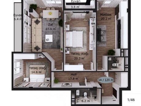 3 otaqlı mənzil, 120 m², İnşaatçılar: 310 000 ₼ 3
