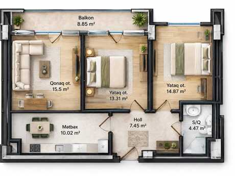 Yasamalda 3 otaqlı yeni tikili mənzil satılır, 73 m², 220 000 AZN, şəkil 3 / 6