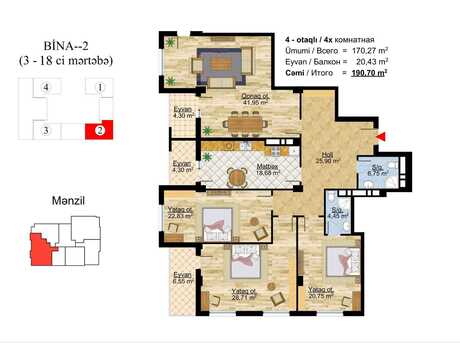 Olympus Nəsimi kompleksində 4 otaqlı yeni tikili mənzil satılır, 190 m², 532 000 AZN, şəkil 2 / 9