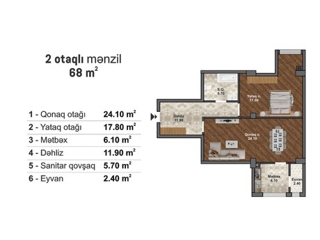 2-room new-build apartment for sale in Bakı Müasir Yaşayış Kompleksi residence, 68 m², 95 200 AZN, photo 2 / 5