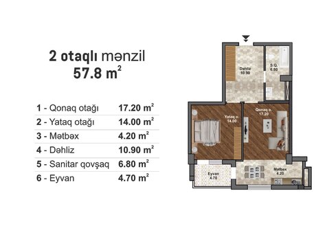 Bakı Müasir Yaşayış Kompleksi kompleksində 2 otaqlı yeni tikili mənzil satılır, 57,8 m², 80 920 AZN, şəkil 2 / 5