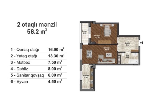 Bakı Müasir Yaşayış Kompleksi kompleksində 2 otaqlı yeni tikili mənzil satılır, 56,2 m², 78 680 AZN, şəkil 2 / 5