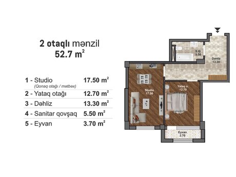 Bakı Müasir Yaşayış Kompleksi kompleksində 2 otaqlı yeni tikili mənzil satılır, 52,7 m², 73 780 AZN, şəkil 2 / 5