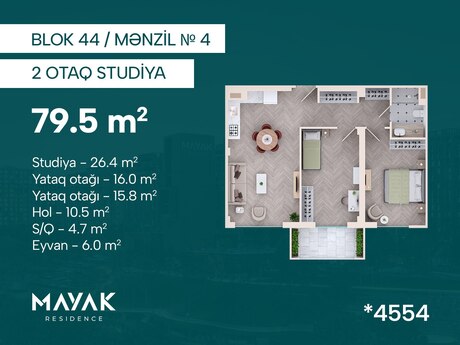 Mayak Residence kompleksində 2 otaqlı yeni tikili mənzil satılır, 79,5 m², 151 050 AZN, şəkil 2 / 12