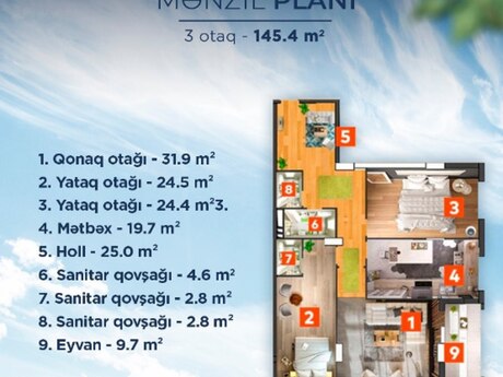 Pilot Həyat Residence kompleksində 3 otaqlı yeni tikili mənzil satılır, 145 m², 440 000 AZN, şəkil 3 / 7