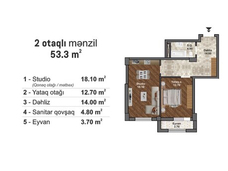 Bakı Müasir Yaşayış Kompleksi kompleksində 2 otaqlı yeni tikili mənzil satılır, 53,3 m², 74 620 AZN, şəkil 2 / 5