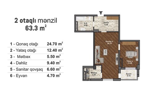 2-room new-build apartment for sale in Bakı Müasir Yaşayış Kompleksi residence, 63,3 m², 88 620 AZN, photo 2 / 5
