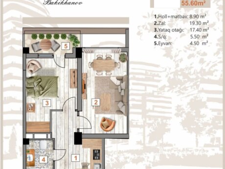 2-room new-build apartment for sale in Bakıxanov, 55,6 m², 134 000 AZN, photo 3 / 7