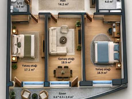 İnşaatçılarda 3 otaqlı yeni tikili mənzil satılır, 84 m², 220 000 AZN, şəkil 3 / 4