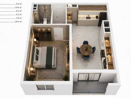 Azadlıq Prospektidə 1 otaqlı yeni tikili mənzil satılır, 50 m², 177 000 AZN, şəkil 5 / 9