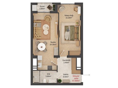Nizamidə 1 otaqlı yeni tikili mənzil satılır, 67,6 m², 312 000 AZN, şəkil 3 / 5