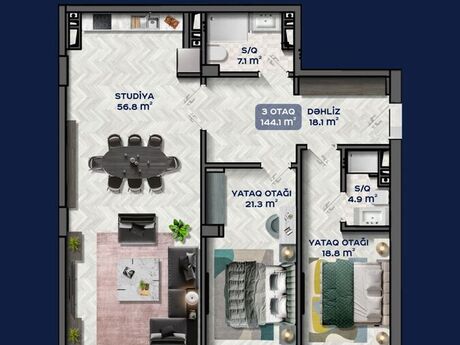 Gənclikdə 3 otaqlı yeni tikili mənzil satılır, 144 m², 675 000 AZN, şəkil 2 / 7
