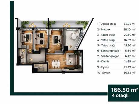 Greenville Residence kompleksində 4 otaqlı yeni tikili mənzil satılır, 170 m², 280 000 AZN, şəkil 5 / 12