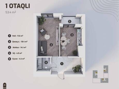 Marbel Residence kompleksində 1 otaqlı yeni tikili mənzil satılır, 53,4 m², 170 000 AZN, şəkil 2 / 6