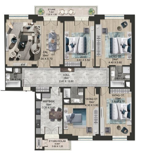 Bakı Ağ Şəhər - Majestic Palace yaşayış kompleksi, mənzilin planı - 5-otaqlı, 208 m²