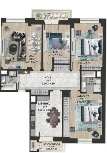 Bakı Ağ Şəhər - Majestic Palace yaşayış kompleksi, mənzilin planı - 4-otaqlı, 162 m²