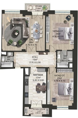 Bakı Ağ Şəhər - Majestic Palace yaşayış kompleksi, mənzilin planı - 3-otaqlı, 145 m²