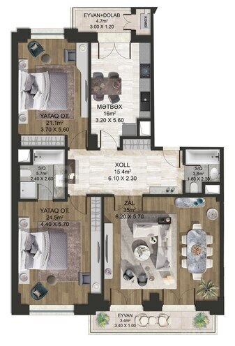 Bakı Ağ Şəhər - Majestic Palace yaşayış kompleksi, mənzilin planı - 3-otaqlı, 143 m²
