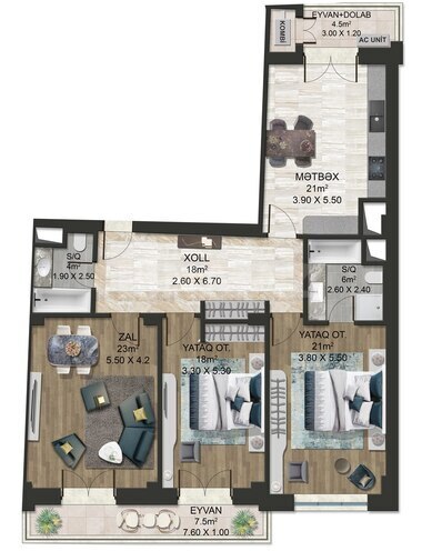 Bakı Ağ Şəhər - Majestic Palace yaşayış kompleksi, mənzilin planı - 3-otaqlı, 135 m²