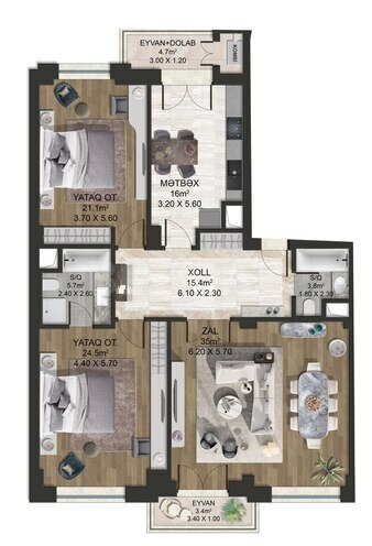 Bakı Ağ Şəhər - Majestic Palace yaşayış kompleksi, mənzilin planı - 3-otaqlı, 139 m²