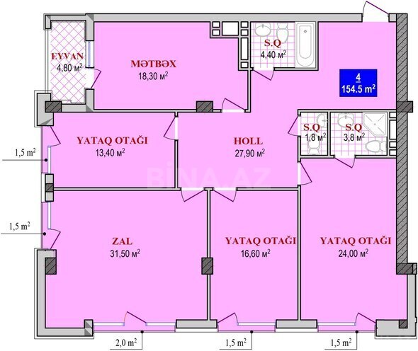 Grand Plaza yaşayış kompleksi, mənzilin planı - 4-otaqlı, 154.5 m²