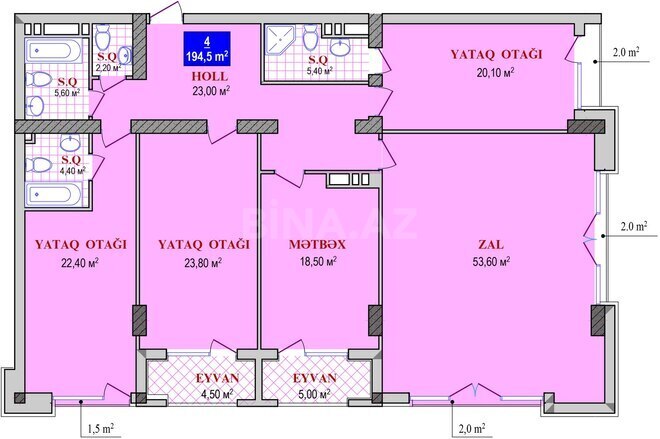 Grand Plaza yaşayış kompleksi, mənzilin planı - 4-otaqlı, 194.5 m²