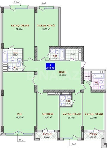 Grand Plaza yaşayış kompleksi, mənzilin planı - 5-otaqlı, 255 m²
