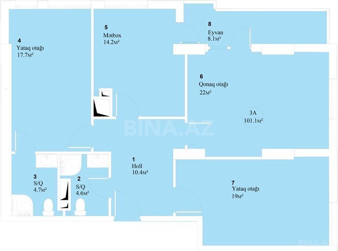 Çinarlı Park yaşayış kompleksi, mənzilin planı - 3-otaqlı, 101.1 m²