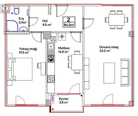 2 otaqlı yeni tikili - 20 Yanvar m. - 84.5 m² (9)