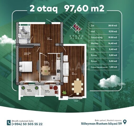 2-комн. новостройка - Насиминский  р. - 97.6 м² (3)