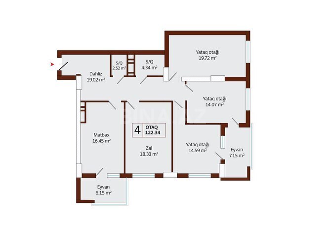 Luxe Home yaşayış kompleksi, mənzilin planı - 4-otaqlı, 122.34 m²