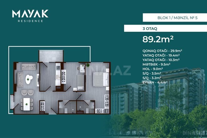 Mayak Residence yaşayış kompleksi, mənzilin planı - 3-otaqlı, 89.2 m²