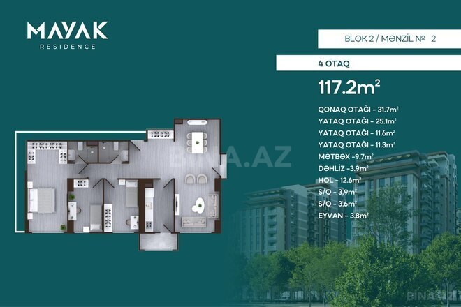 Mayak Residence yaşayış kompleksi, mənzilin planı - 4-otaqlı, 117.2 m²